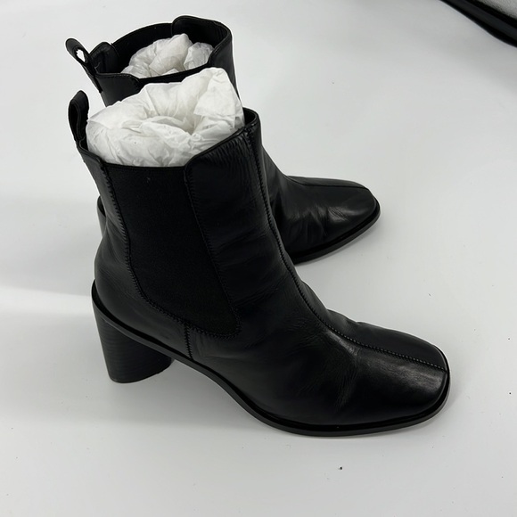 REVOLVE Saddie Gore Pull Tab Stacked Leather Bootie in Black Como Tony Bianco - Picture 3 of 6